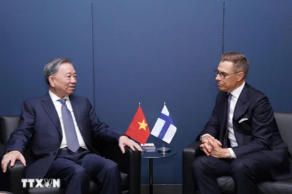 越共中央总书记苏林会见芬兰总统亚历山大·斯图布。图自越通社