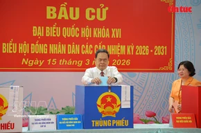 越南国会主席、国家选举委员会主席陈青敏在胡志明市旭门乡第14号投票站行使公民权利。图自越通社