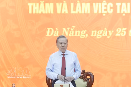 越共中央总书记、国家主席苏林与中央工作代表团同岘港市委常务委员会举行工作会议。图自越通社