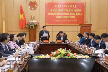 国会副主席阮克定率领的国会常务委员会和国家选举委员会监督检查团就第十六届国会代表和2026-2031年任期各级人民议会代表选举准备工作与宁平省选举委员会举行工作会议。图自越通社