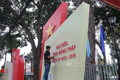 同塔省各条街道张灯结彩，标语飘扬迎接省第一次党代会。图自越通社