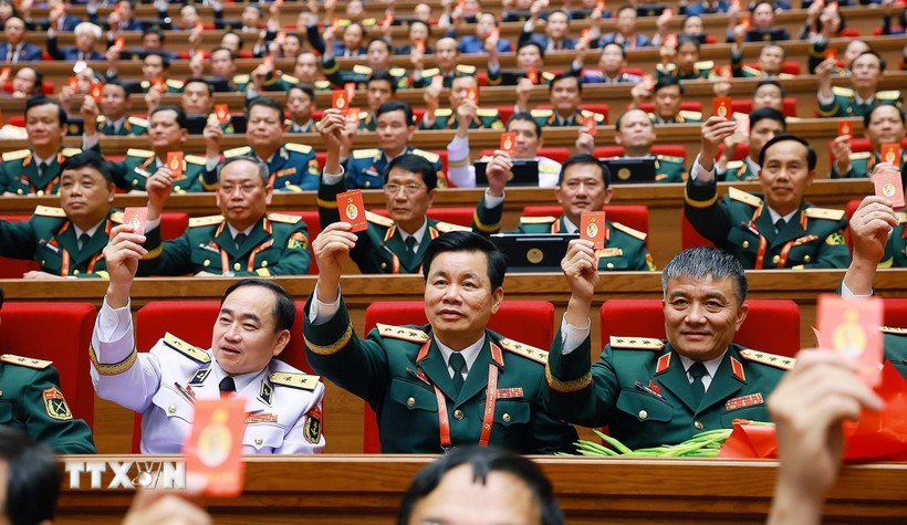 各位代表表决通过十四大决议。图自越通社