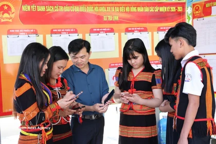 岘港市茶灵乡色当族同胞正在用手机查看有关第十六届国会及各级人民议会代表选举的视频和图表新闻，了解投票流程。图自越通社