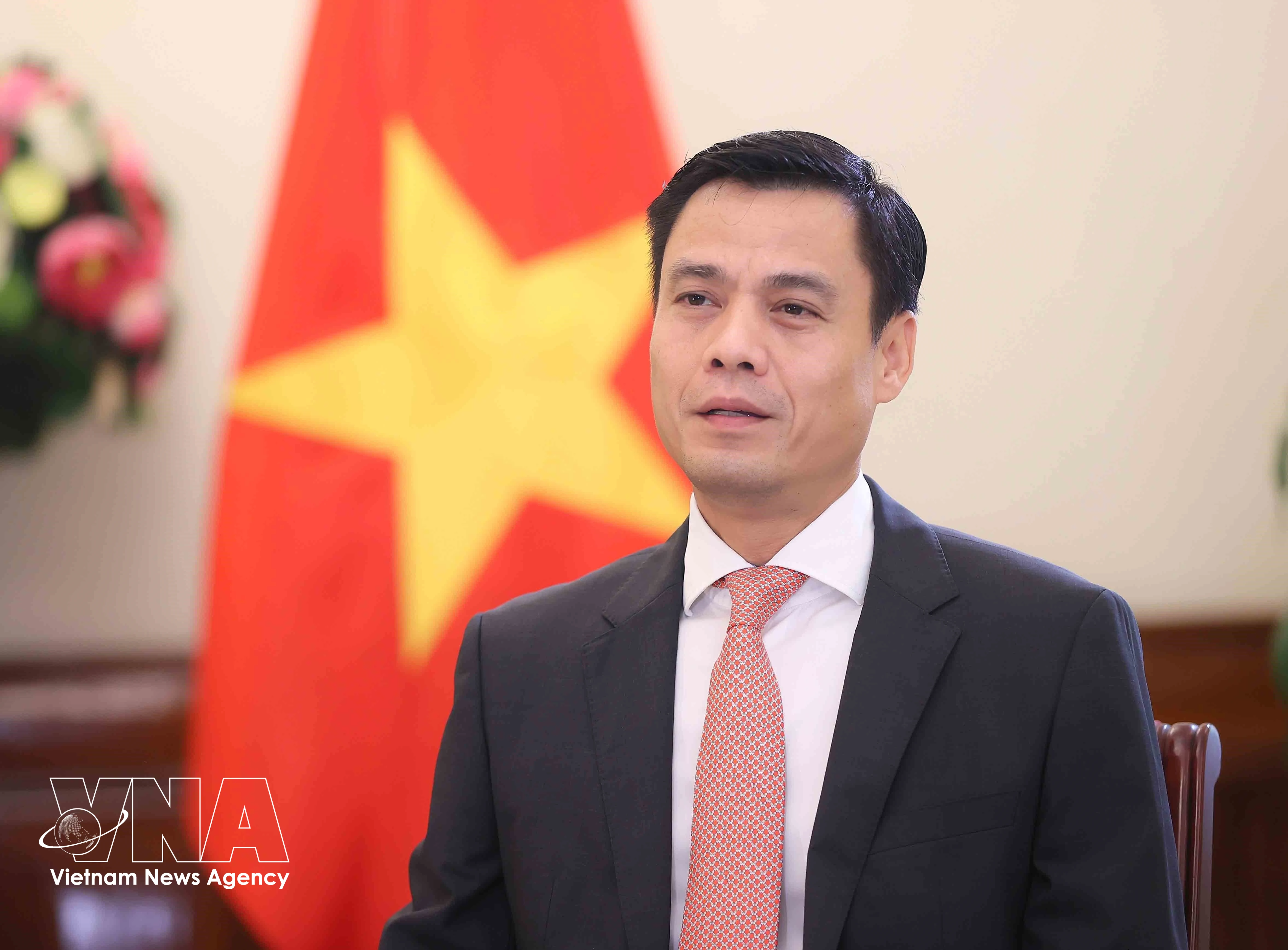 越南外交部副部长邓黄江就此访内容接受媒体记者的采访。图自越通社