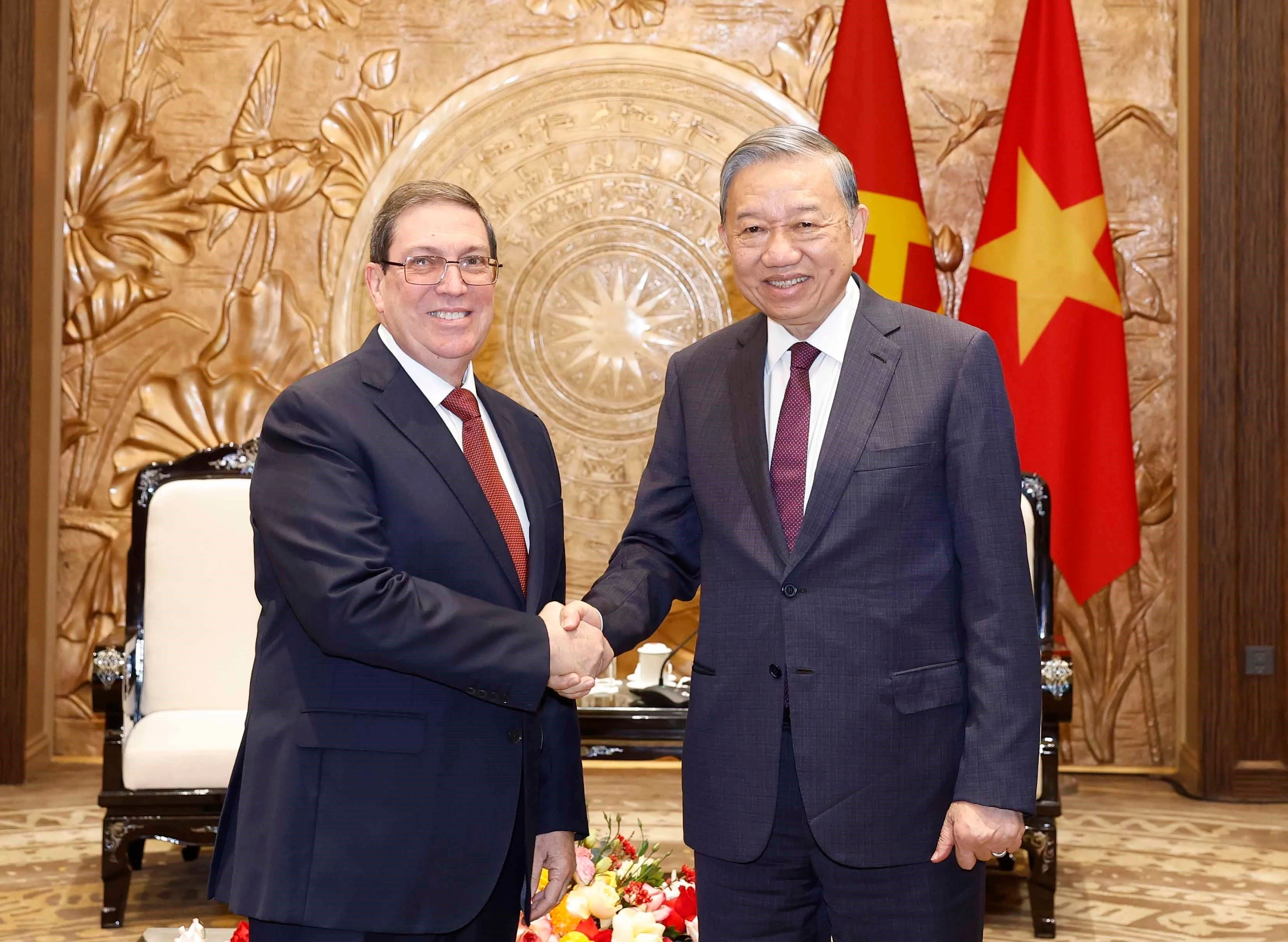 苏林总书记与古巴党和国家特使布鲁诺·罗德里格斯·帕里利亚。图自越通社