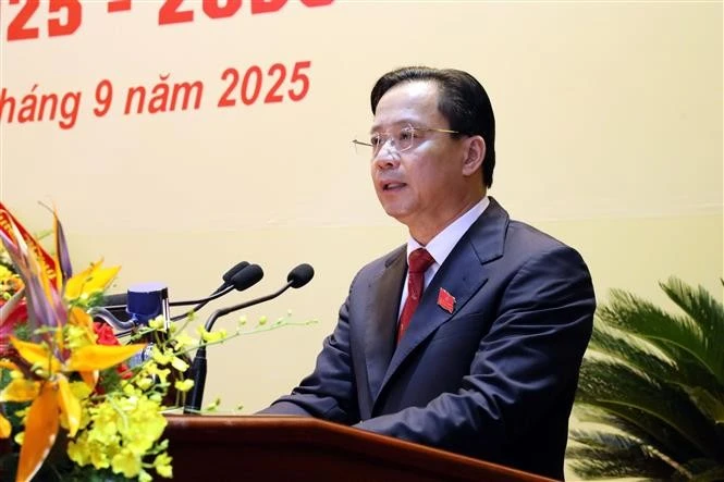 梁山省委书记黄文验在会上发表讲话。图自越通社
