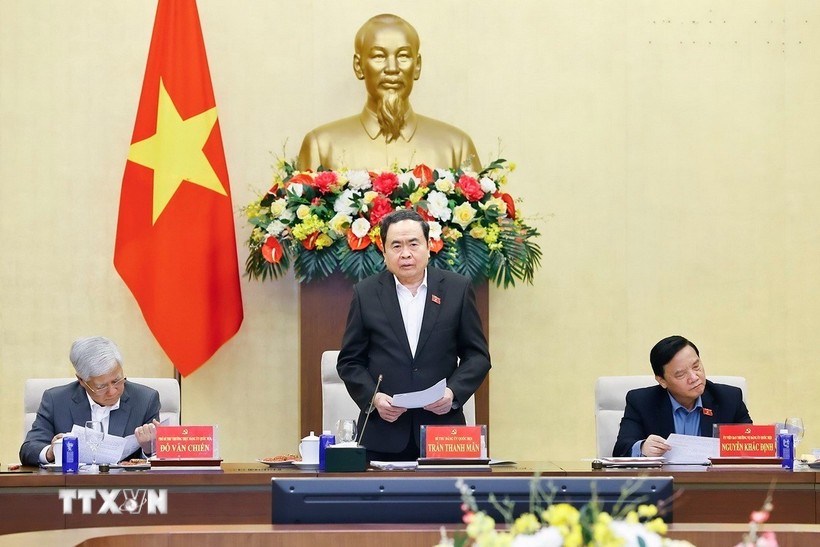 国会主席陈青敏在会上发表讲话。图自越通社