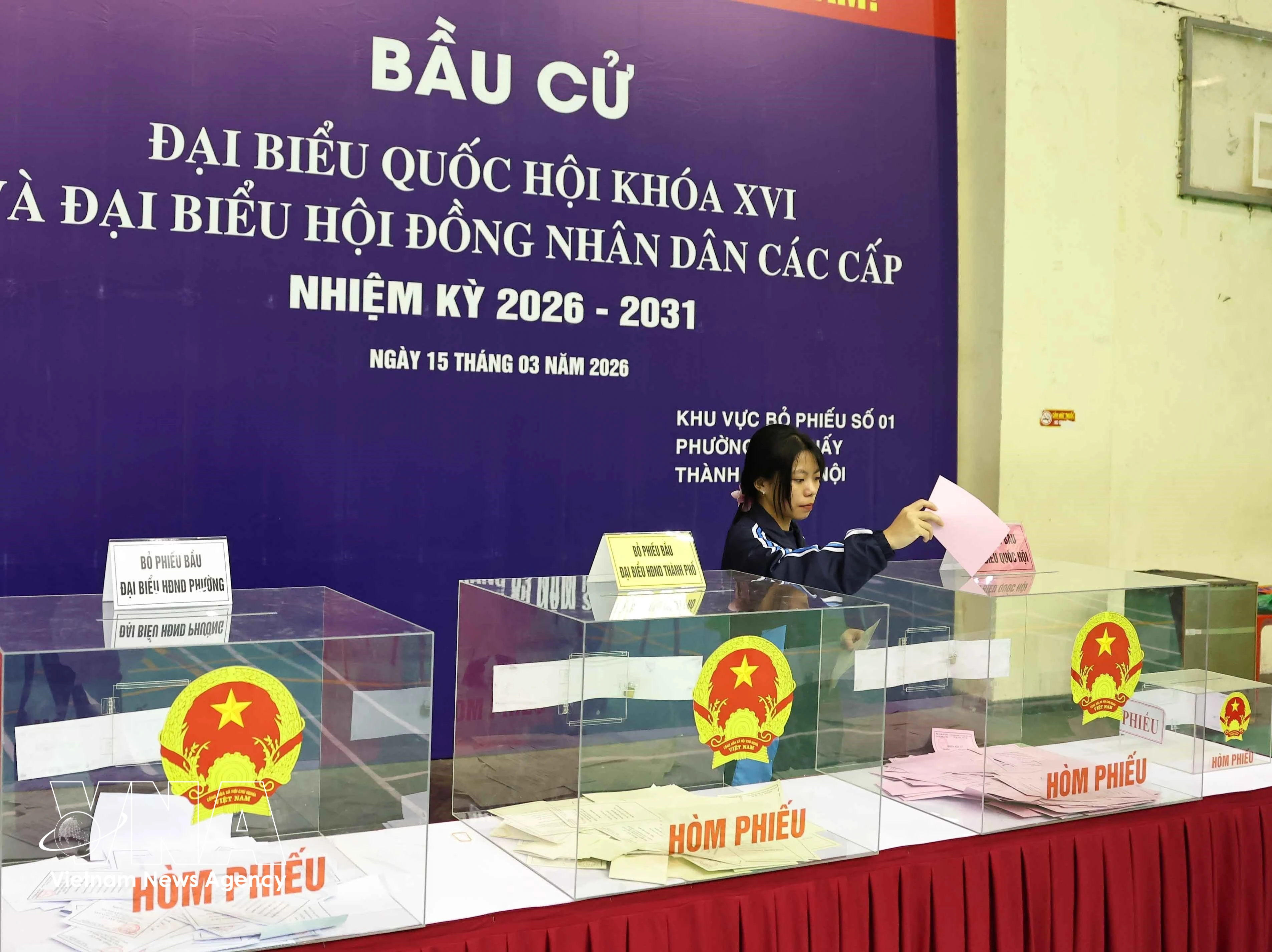 一名大学生投票选举第十六届国会代表和2026-2031年任期各级人民议会代表。图自越通社