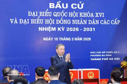 越共中央总书记苏林在河内巴亭坊第2投票区参加选举投票