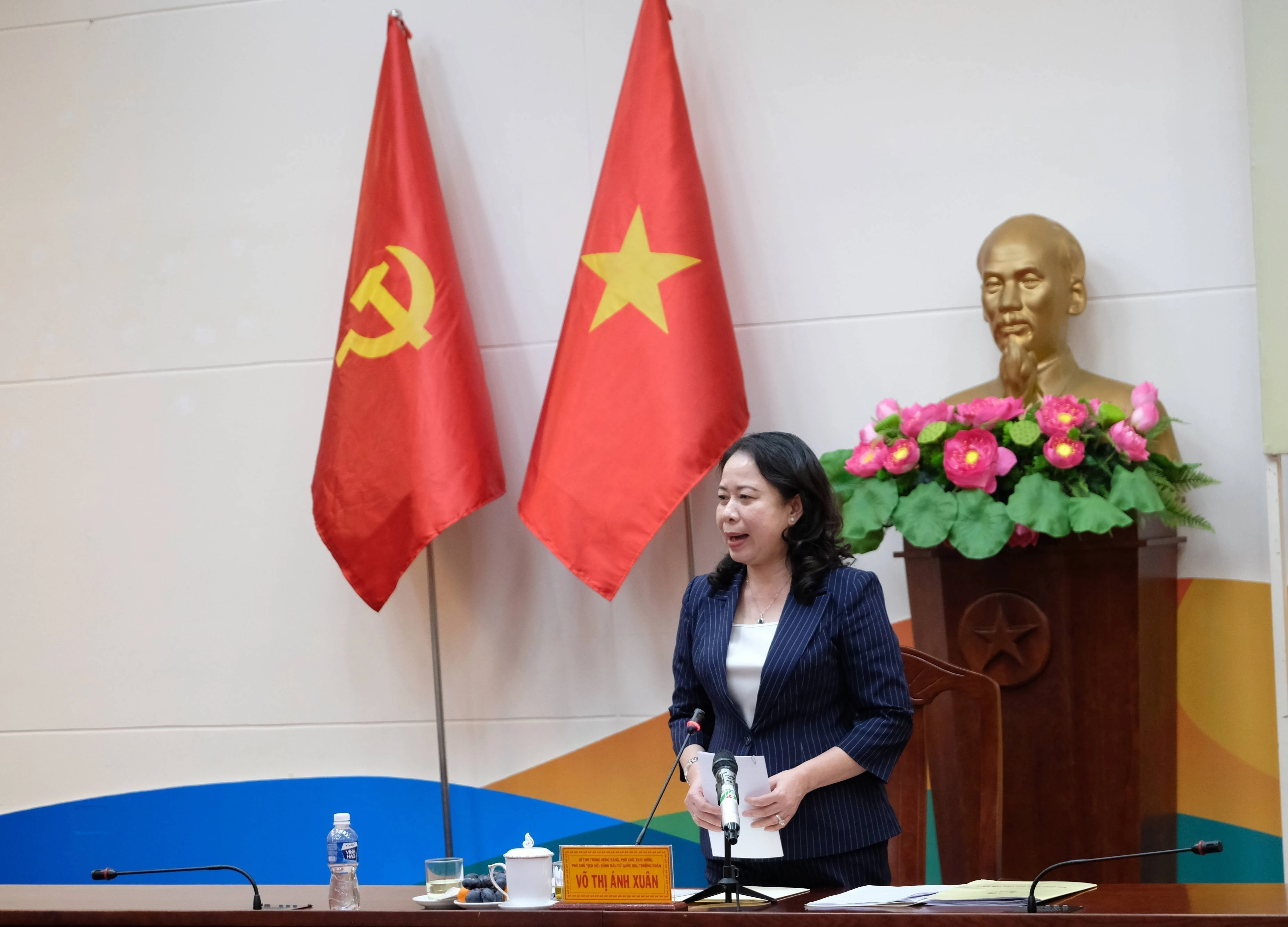 越共中央书记处书记、国家副主席武氏映春发表讲话。图自越通社