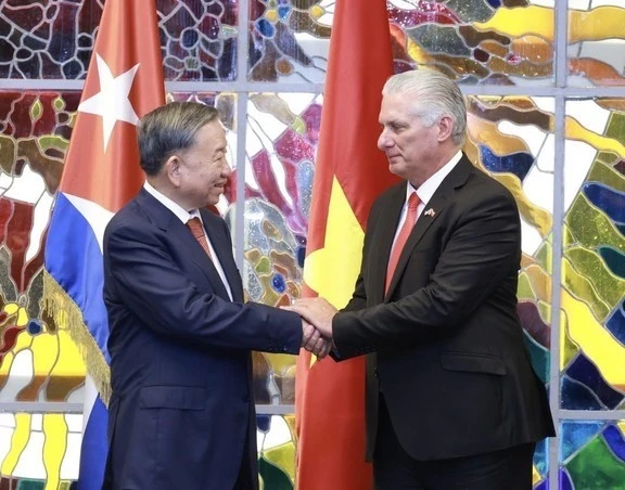 越共中央总书记苏林与古巴共产党中央委员会第一书记兼国家主席米格尔•迪亚斯-卡内尔•贝穆德斯 图自越通社
