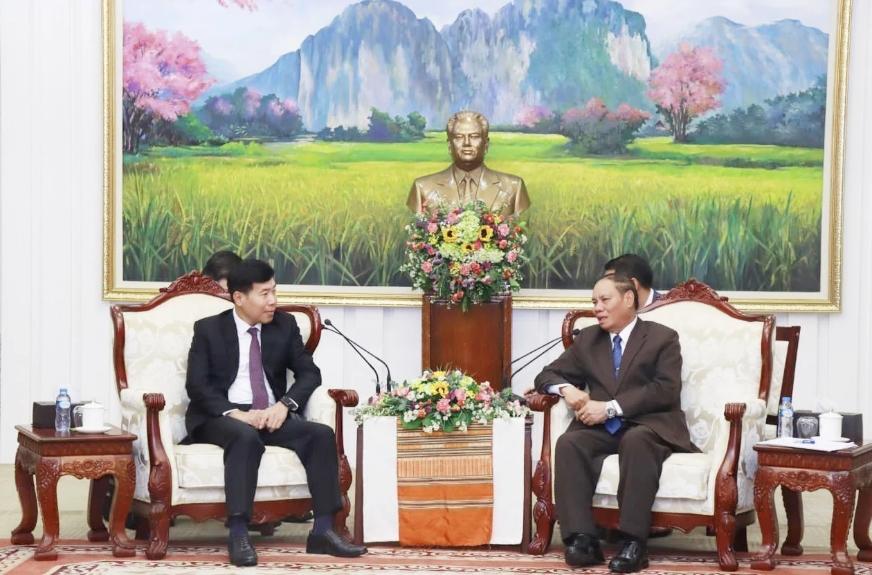 越共中央委员、越南外交部党委常务副书记、外交部副部长阮孟强（左）礼节性拜会老挝人民革命党中央政治局委员、中央书记处常务书记维莱·拉坎丰。图自越通社