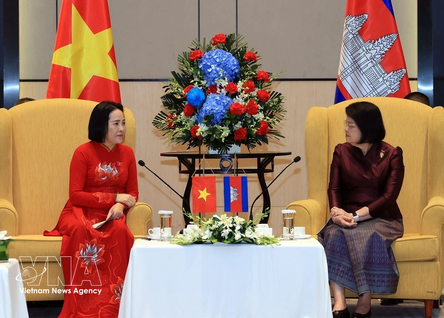 正在对越南进行正式访问的柬埔寨国会主席昆索达莉在河内会见越共中央委员、越南国会副主席、越柬友好议员小组主席、越柬友好协会主席阮氏清。图自越通社