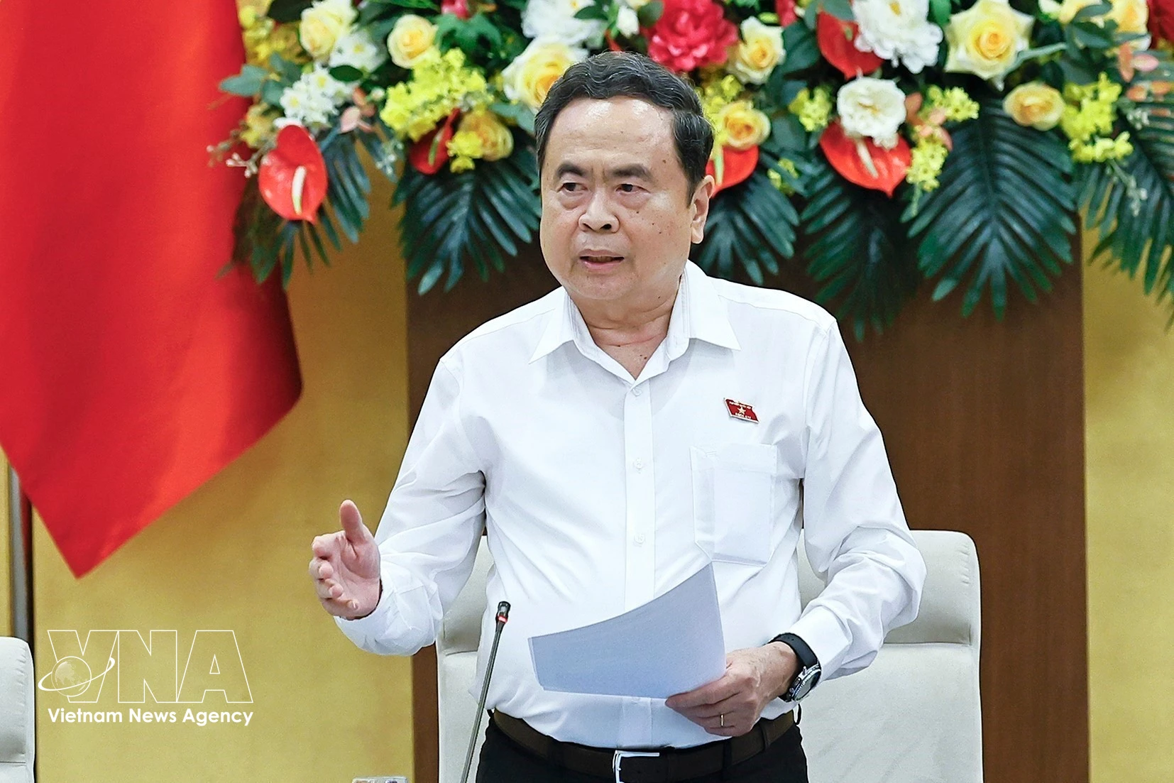 国会主席陈青敏在会上发表讲话。图自越通社