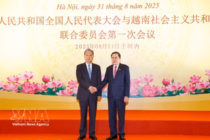 2025年8月31日，越南国会主席陈青敏与中国全国人大常委会委员长赵乐际在河内共同主持越南国会与中国全国人大联合委员会第一次会议。图自越通社