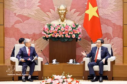 越南国会主席陈青敏（由）会见由韩国Hansoll纺织公司董事长、韩越友好协会主席李辛贾率领的代表团。图自越通社