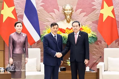 越南国会主席陈青敏会见泰国国王玛哈·哇集拉隆功和王后。图自越通社