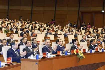 越共中央总书记苏林同各位党和国家领导人、原领导人出席会议。图自越通社