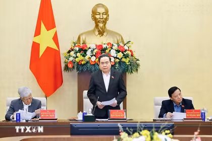 国会主席陈青敏在会上发表讲话。图自越通社