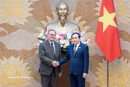 越南国会主席陈青敏在国会大厦会见德联邦议院副议长博多·拉梅洛。图自越通社