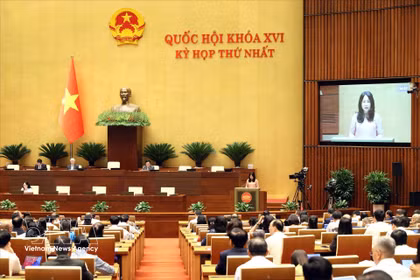 国会文化、体育与旅游部部长林氏芳清在国会第一次会议上作有关国会关于越南文化发展的决议草案的报告。图自越通社