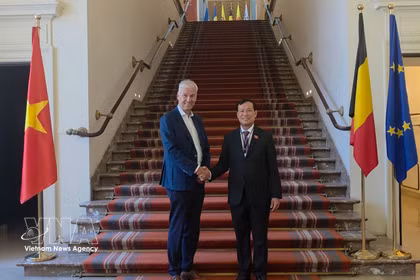 越南国会国防安全与对外委员会主任黎晋进上将礼节性拜会了比利时参议院第一副议长安德里斯·格里弗罗伊。图自越通社