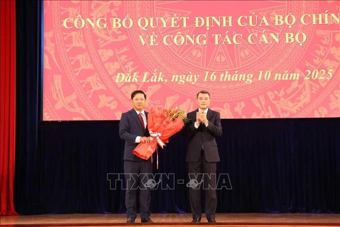 政治局委员、党中央书记、中央组织部部长黎明兴向梁阮明哲同志授予任免决定书。图自越通社