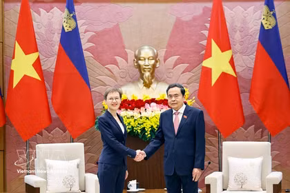 越南国会主席陈青敏会见列支敦士登首相布丽吉特·哈斯。图自越通社
