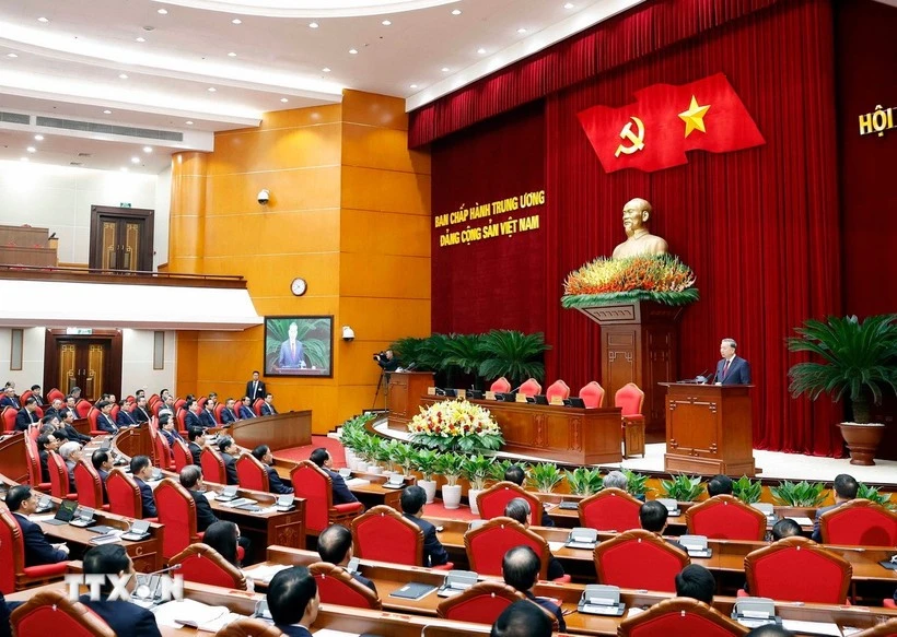 越共中央总书记在越南共产党第十三届中央委员会第十四次会议上发言。图自越通社