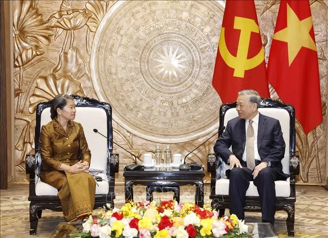 越共中央总书记苏林与柬埔寨人民党（CPP）副主席梅森安。图自越通社