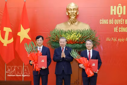 越共中央总书记、国家主席苏林向中央组织部部长阮维玉和中央办公厅主任阮海宁颁发任命决定。图自越通社