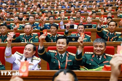 各位代表表决通过十四大决议。图自越通社