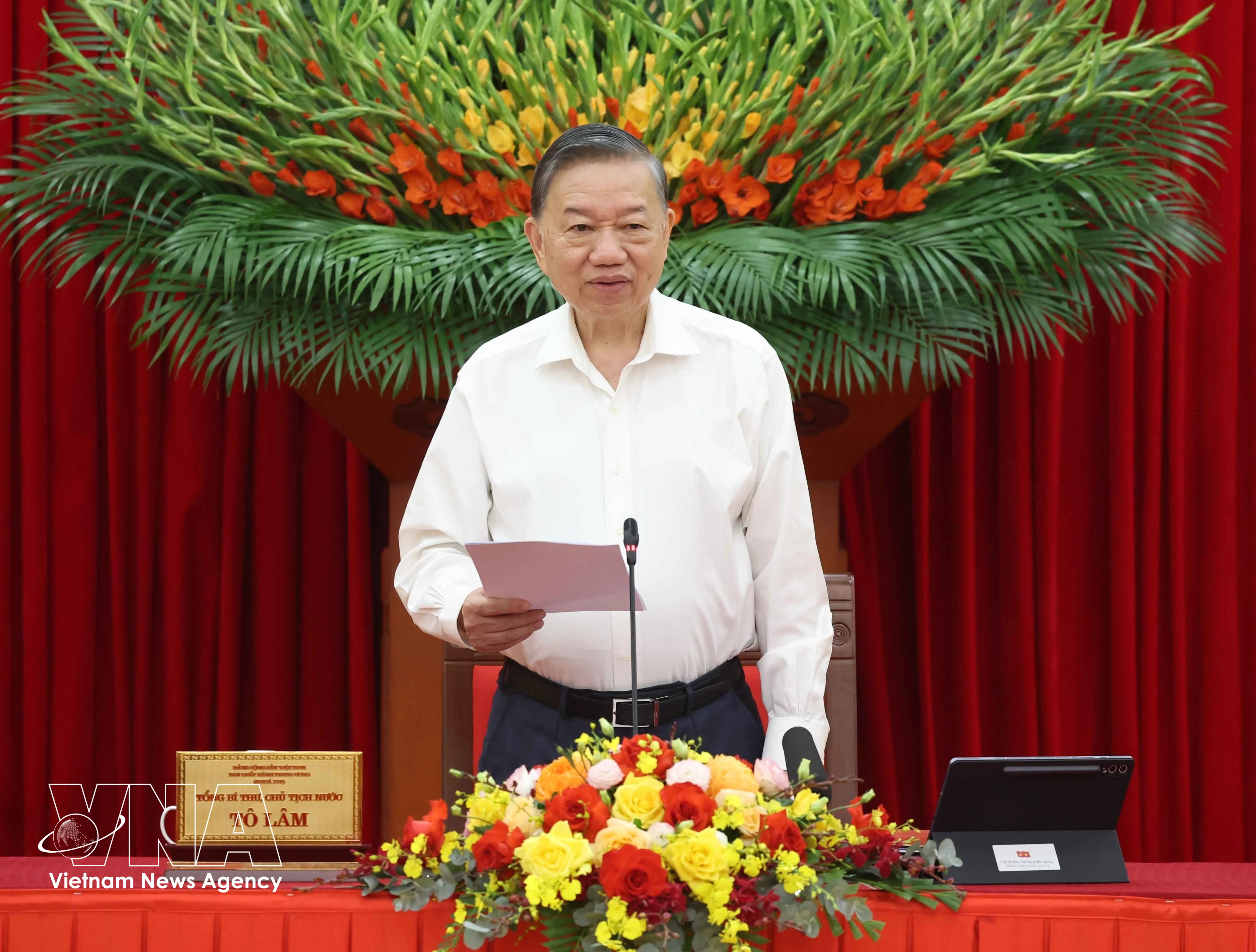 越共中央总书记、国家主席苏林主持与中央政策战略部的工作会议。图自越通社