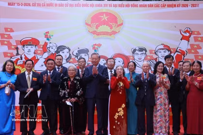 越共中央总书记苏林在河内巴亭坊第2号投票站参加选举投票