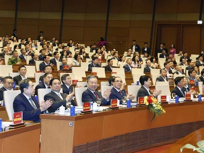 越共中央总书记苏林同各位党和国家领导人、原领导人出席会议。图自越通社
