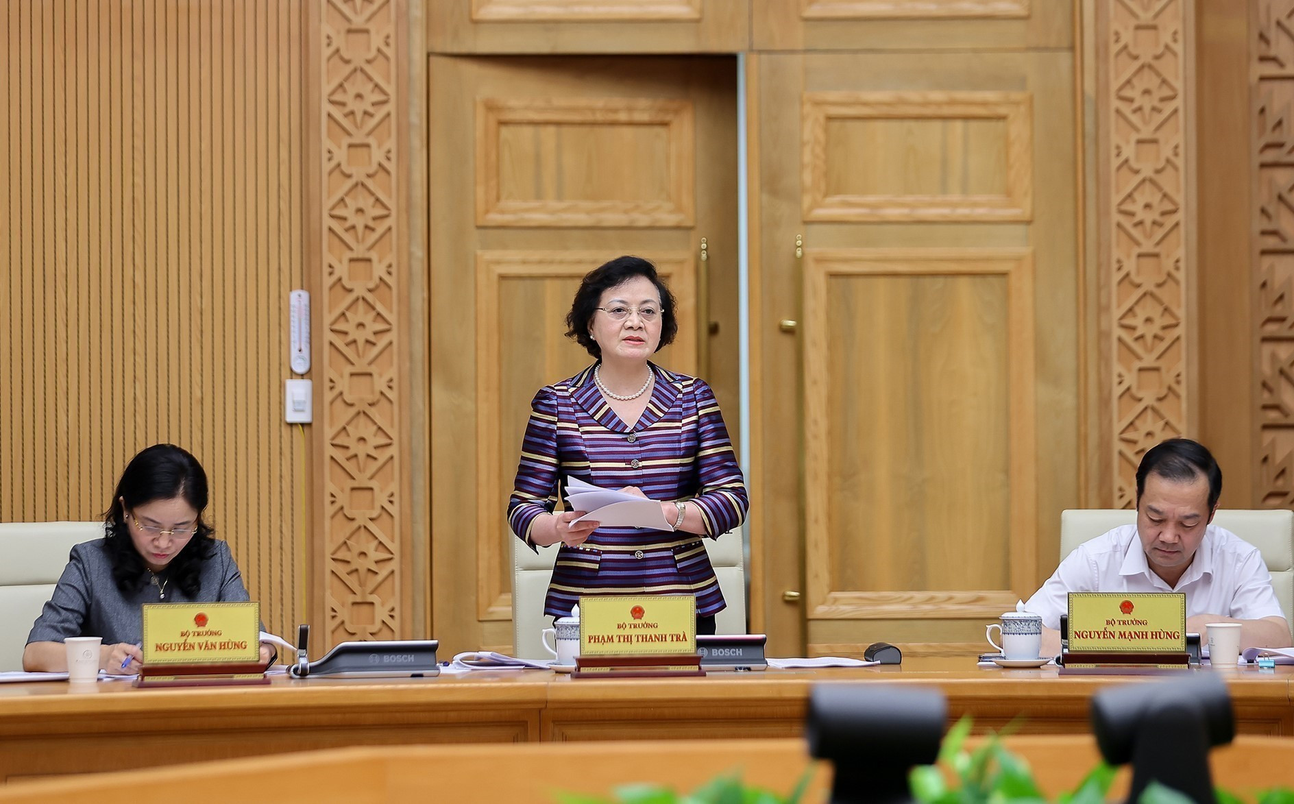 内务部部长范氏青茶发表讲话。图自越通社 vna-potal-thu-tuong-chu-tri-cuoc-hop-thao-go-vuong-mac-trong-thuc-hien-chinh-quyen-dia-phuong-hai-cap-8229891.jpg