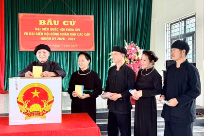 北江省安乐乡那奥村（Nà Ó）岱族同胞兴高采烈地参加投票。图自越通社