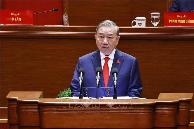 越共中央总书记苏林作第十三届中央委员会提交党的十四大文件的报告。图自越通社