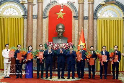 越共中央总书记、国家主席苏林向政府副总理、公安部长和外交部长颁发任命决定。图自越通社