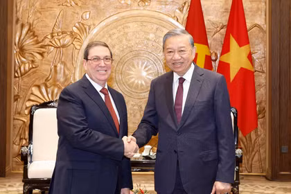 苏林总书记与古巴党和国家特使布鲁诺·罗德里格斯·帕里利亚。图自越通社