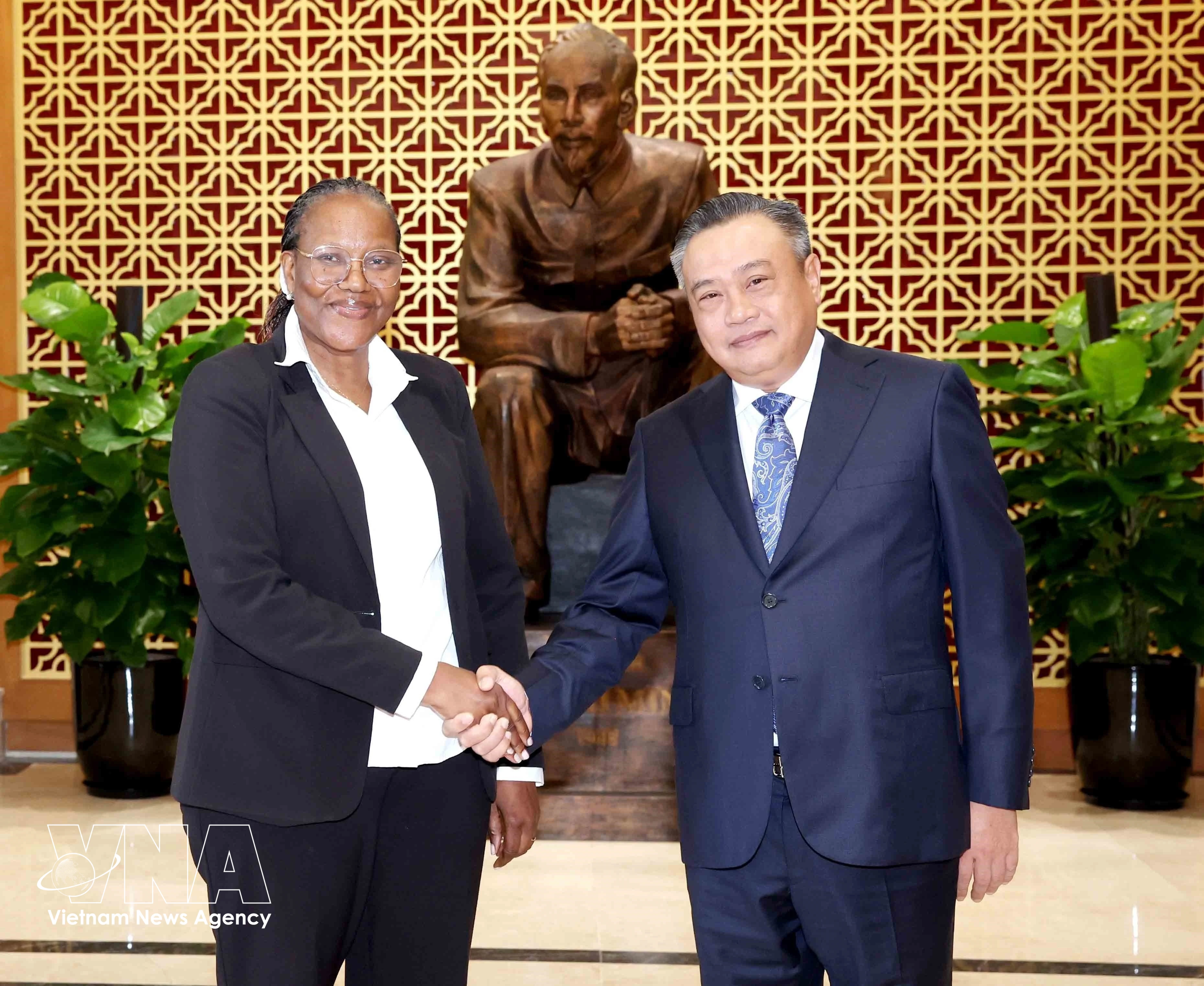 越共中央政治局委员、中央书记处书记、中央检查委员会主任陈士青和莫桑比克解放阵线党政治局委员、中央检查部部长安娜·科莫阿纳。图自越通社